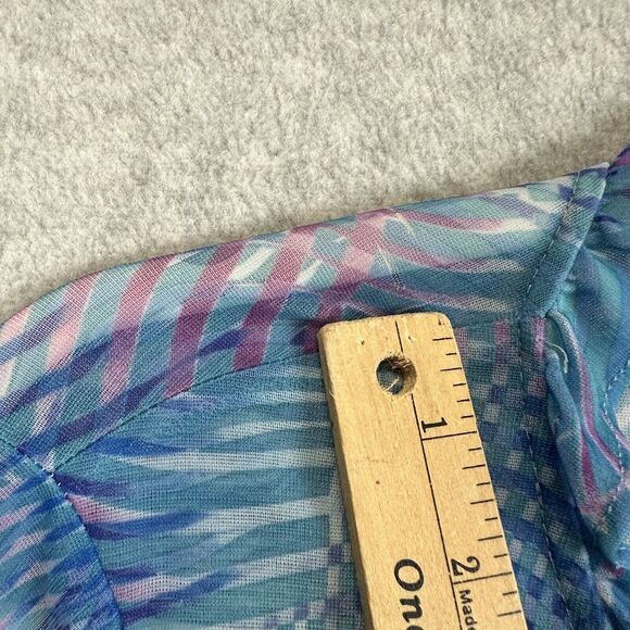 Blue Abstract Mesh Disco Top Size XS Crop Button Front Long Ruffle Flare Sleeve - Picture 9 of 10